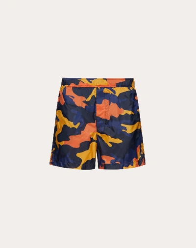 Valentino Camouflage Print Swim Shorts In Navy Camo/orange