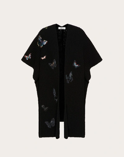 Valentino Wool Poncho With Butterfly Embroidery In Black