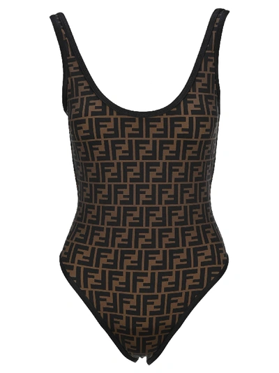 Fendi Monogram-print Reversible Swimsuit In Marrone
