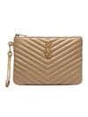Saint Laurent Monogram Plaque Quilted Clutch In Neutrals
