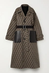 FENDI REVERSIBLE BELTED LEATHER-TRIMMED WOOL AND SILK-BLEND JACQUARD COAT