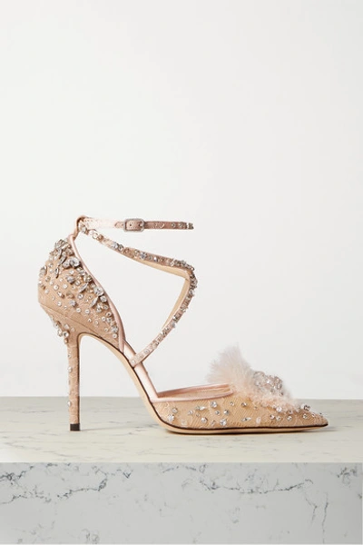 Jimmy Choo Odette 100 Embellished Satin And Leather-trimmed Lace Pumps In Neutral
