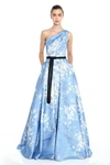 MARCHESA NOTTE ONE SHOULDER PRINTED METALLIC JACQUARD GOWN,RS20-1138-6-1B