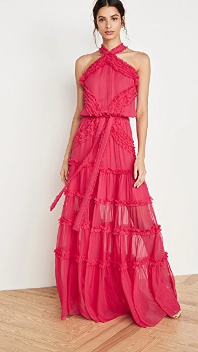 Alexis Lorinda Tiered Ruffle Halter Gown In Azalea Pink