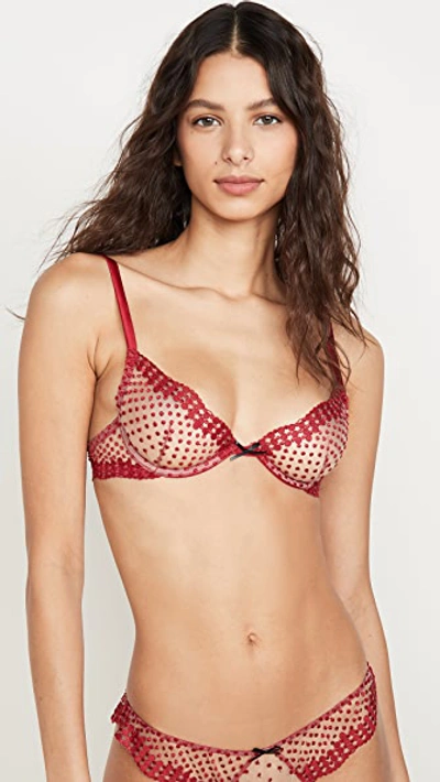 Fleur Du Mal Dotty Silk Satin-trimmed Embroidered Stretch-tulle Underwired Soft-cup Bra In Red