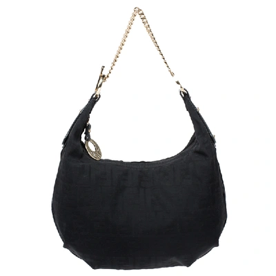 Pre-owned Fendi Black Zucca Canvas And Leather Chef Chain Link Hobo