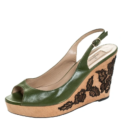 Pre-owned Valentino Garavani Green Leather Lace Embellished Wedge Peep Toe Sandals Size 40