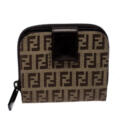 Pre-owned Fendi Brown/beige Zucchino Canvas Zip Around Compact Wallet