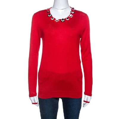 Pre-owned Fendi Red Cashmere Knit Floral Stud Embellished Sweater M