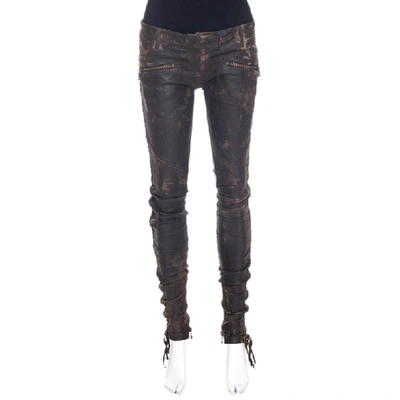 Pre-owned Balmain Brown Distressed Leather Side Lace Up Pants S