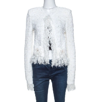 Pre-owned Balmain White Tweed Fringed Detail Jacket M