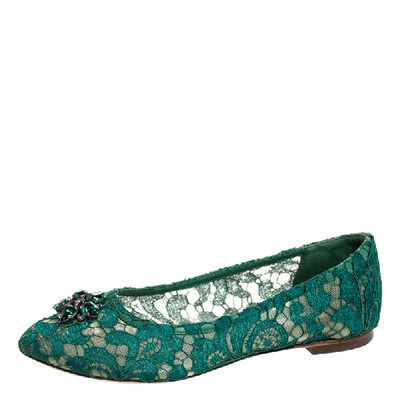 Pre-owned Dolce & Gabbana Green Lace Embellished Ballet Flats Size 35