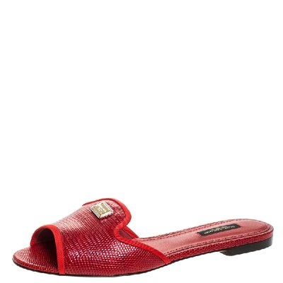 Pre-owned Dolce & Gabbana Red Lizard Leather Flat Slides Size 37.5