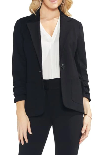 Vince Camuto Petite Ruched-sleeve Ponte-knit Blazer In Rich Black