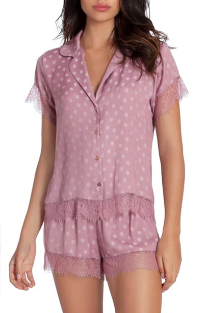 Midnight Bakery Lace Trim Dot Satin Short Pajamas In Dusty Rose