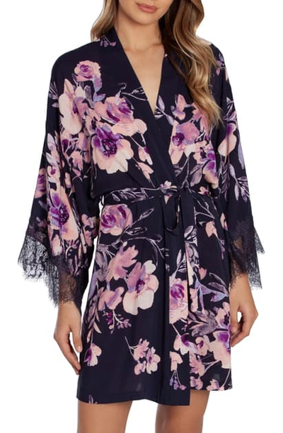 Midnight Bakery Lace Trim Floral Robe In Navy
