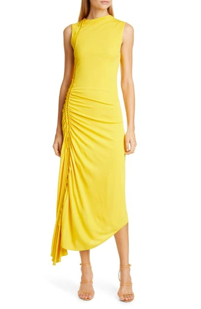 Sies Marjan Fontana Asymmetric Ruched Silk-trimmed Crepe Midi Dress In Corn