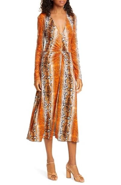 Rotate Birger Christensen Number 7 Python Print Long Sleeve Midi Dress In Orange