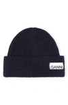 Ganni Ribbed Wool Blend Beanie In Total Eclipse