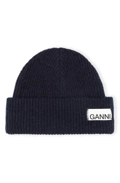Ganni Ribbed Wool Blend Beanie In Total Eclipse