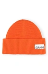 GANNI RIBBED WOOL BLEND BEANIE,A2333