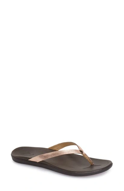 Olukai 'ho Opio' Leather Flip Flop In Copper / Dark Java Leather