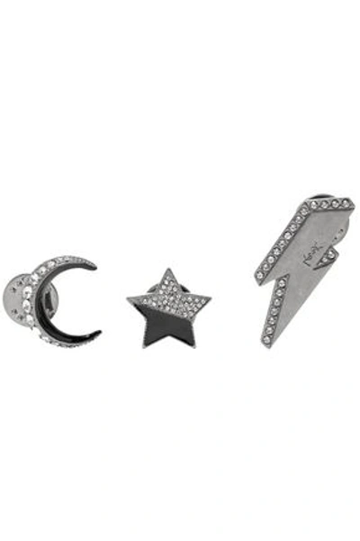 Saint Laurent Set Of Three Silver-tone, Crystal And Enamel Brooches In Gunmetal