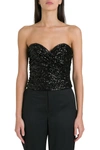 Saint Laurent Ruched Sequined Mesh Bustier Top In Nero