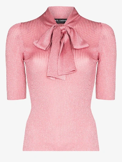 Dolce & Gabbana Pussy-bow Metallic Ribbed-knit Top In Pink