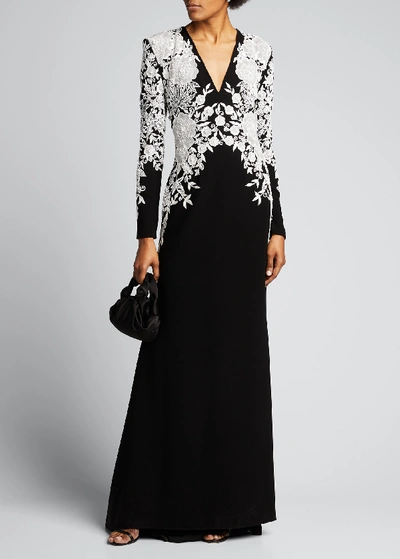 Naeem Khan Long-sleeve Embroidered Fit-and-flare Gown In Black