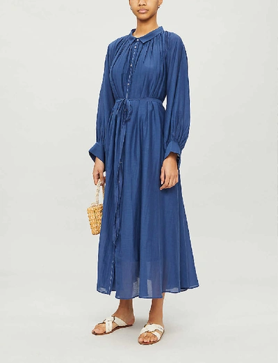 Anaak Cleo Balloon-sleeve Cotton-blend Midi Shirt Dress In Navy