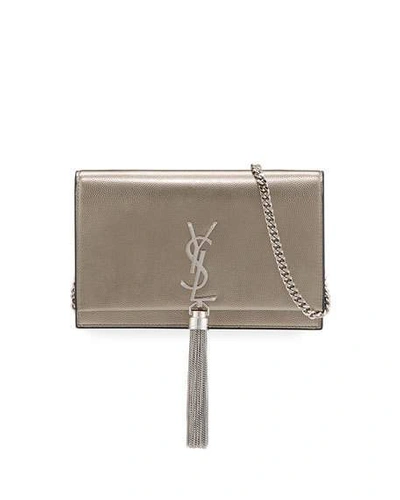Saint Laurent Kate Monogram Ysl Small Calf/lamb Tassel Wallet On Chain In Silver