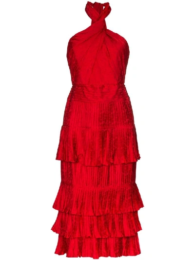 Johanna Ortiz Eccentric Vibes Tiered Ruffled Floral Satin-jacquard Midi Dress In Red
