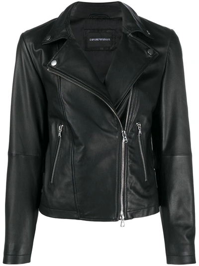 Emporio Armani Caban Leather Jacket In Black
