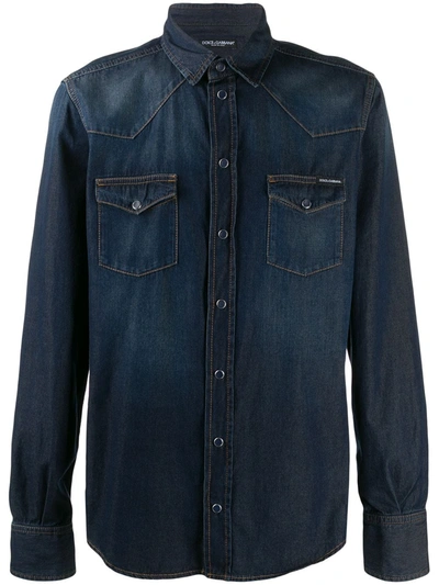 Dolce & Gabbana Logo Patch Buttoned Denim Shirt In Blue