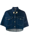 VERSACE JEANS COUTURE METAL-TIP COLLAR CROPPED DENIM SHIRT