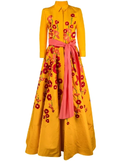 Carolina Herrera Floral Embroidered 3/4-sleeve Silk Trench Gown In Yellow
