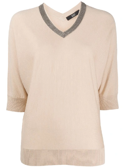 Steffen Schraut Contrast V-neck Knit Top In Neutrals