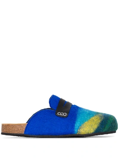 Jw Anderson Striped Leather-trimmed Felt Slippers In Blue