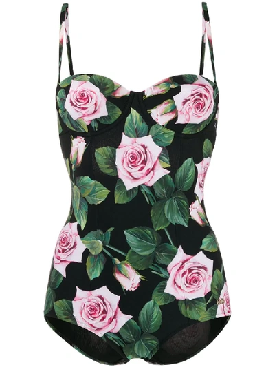 Dolce & Gabbana Tropical Rose Print Swimsuit In Black