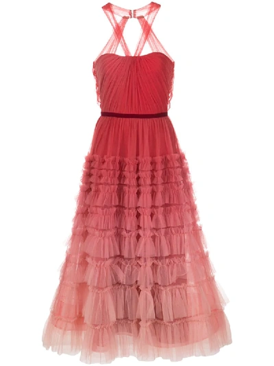 Marchesa Notte Tiered Gradient Tulle Midi Dress In Red