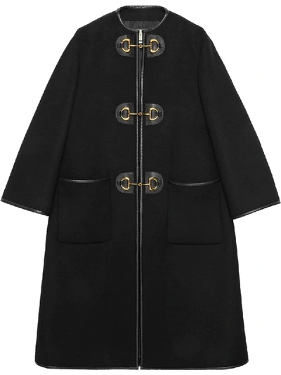 Gucci Horsebit Toggle Leather Trim Wool Blend Military Coat In Black