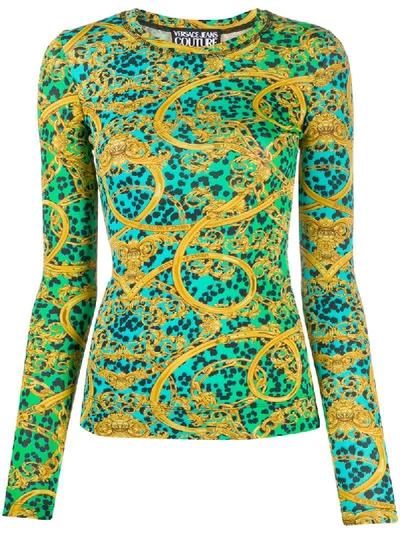 Versace Jeans Couture Leo Chain-print Long-sleeved T-shirt In Green