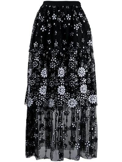 Self-portrait Deco Sequin-embellished Midi Skirt In Black,white