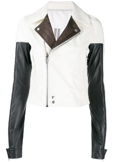 Rick Owens Colour Block Leather Jacket W/zip Sleeves In White
