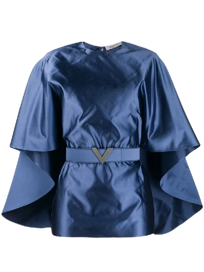 Valentino Fluid Silk Cape-sleeve Belted Blouse In Dark Air Force Blue