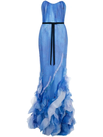 Marchesa Notte Strapless Ruffled Organza-trimmed Printed Tulle Gown In Blue