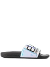 Ea7 Holographic Logo Embossed Slides In Blue