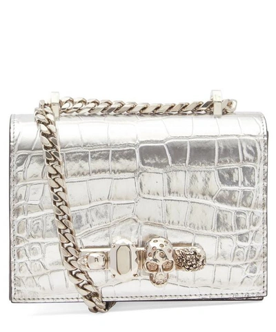 Alexander Mcqueen Small Jewelled Leather Satchel In Silver