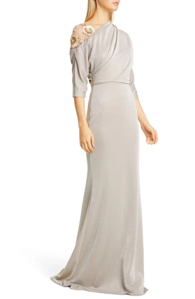 Badgley Mischka Fitted Asymmetrical Gown In Beige Gold
